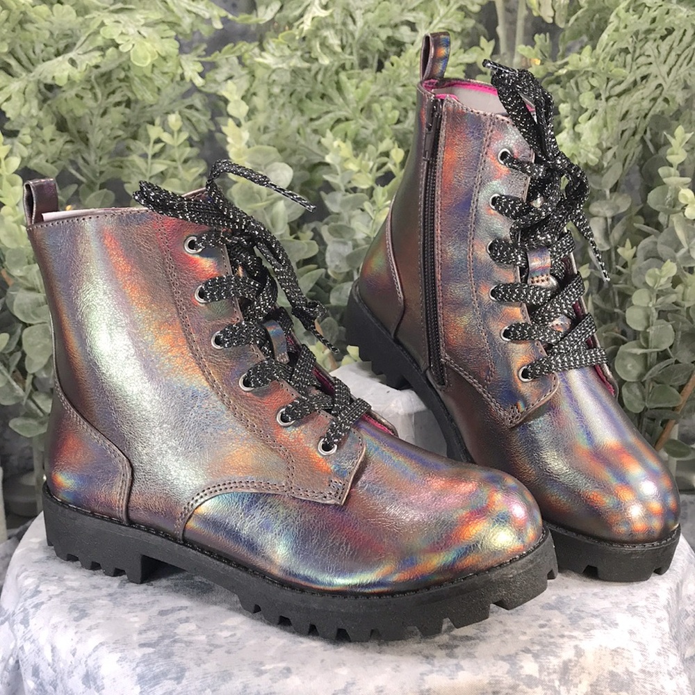 Brash Jet Fashion Lug Boots Iridescent Bronze Zip & Laces Combo Girls 2 NWT&NIB